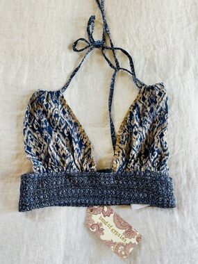 Band of Gypsies Blue Printed Halter Crop Top with Gold Trim
